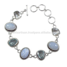 Natural Blue Lace Agate Crystal Chalcedony & Blue Topaz with 925 Silver Bracelet